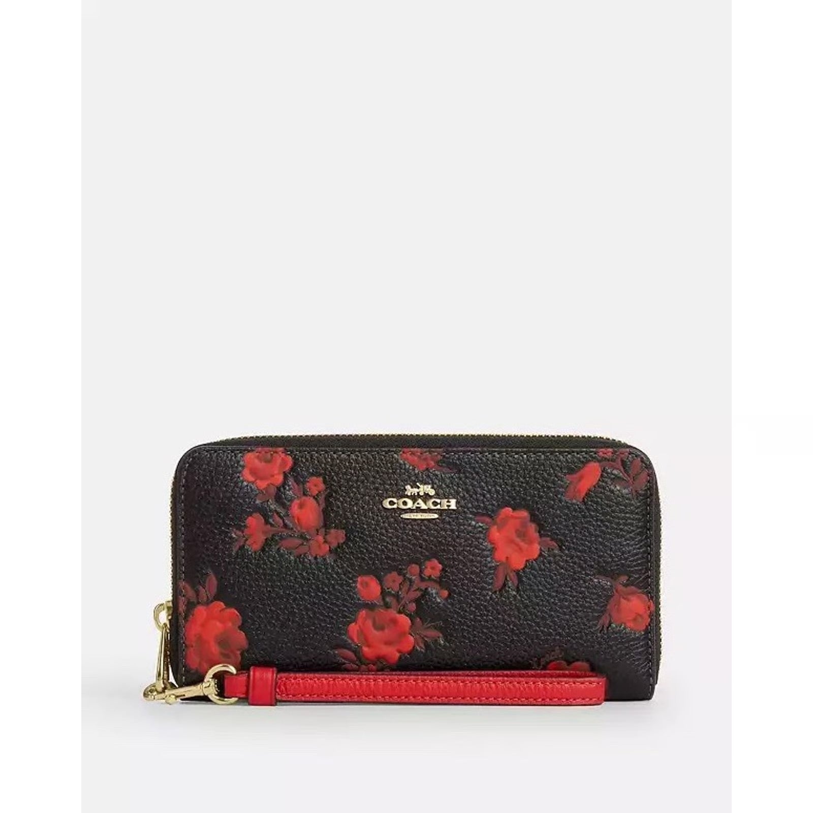 Coach CCL36 Long Zip Around Wallet w Floral Print Pebble Leather Black/Red - The Tiny Bag