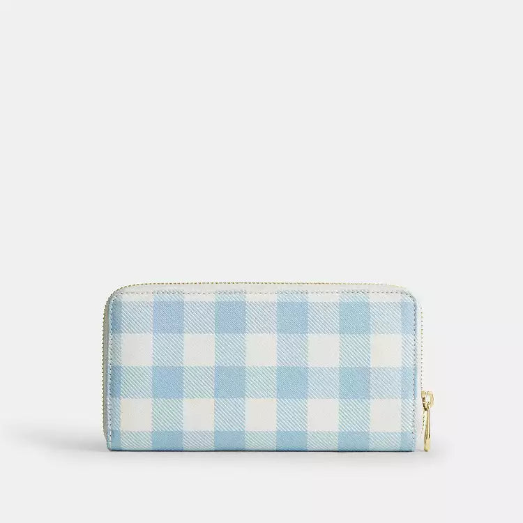 Coach Long Zip Around Wallet With Gingham Print CFA13 Gold/Blue Multi
