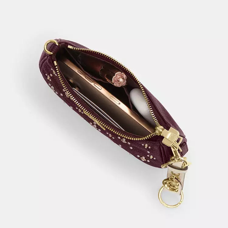 Dark wine Coach CCE43 Teri mini leather crossbody bag with crystal accents, featuring a shoulder bag design and compact style.