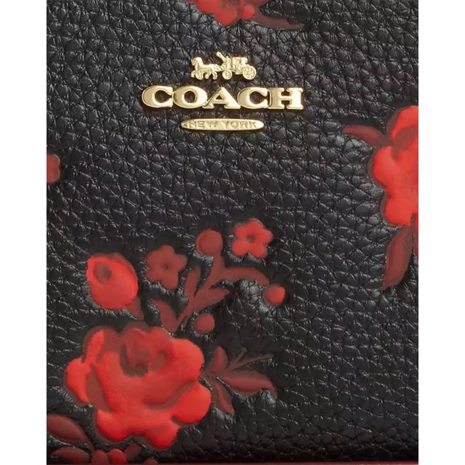 Coach CCL36 Long Zip Around Wallet w Floral Print Pebble Leather Black/Red - The Tiny Bag