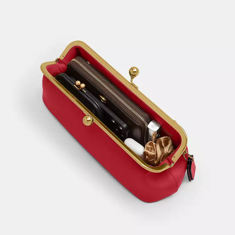 COACH Kisslock East/West Small Leather Frame Bag 30 Brass/Poppy Red CFL83
