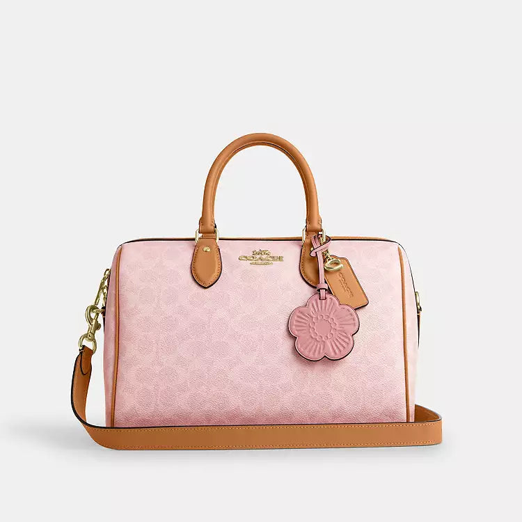 Coach Rowan Large Satchel Bag in Powder Pink signature canvas with charms, shoulder bag by The Tiny Bag.