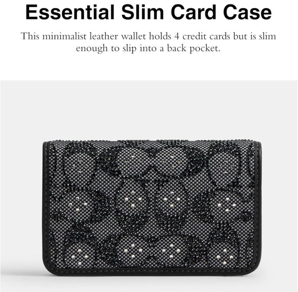 Coach Essential Slim Card Case in Crystal Signature Jacquard black wallet with compact design and multiple card slots.