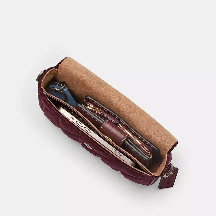 Coach Hailey Flap Bag in burgundy velvet organic cotton with quilting, shoulder bag style, by The Tiny Bag.