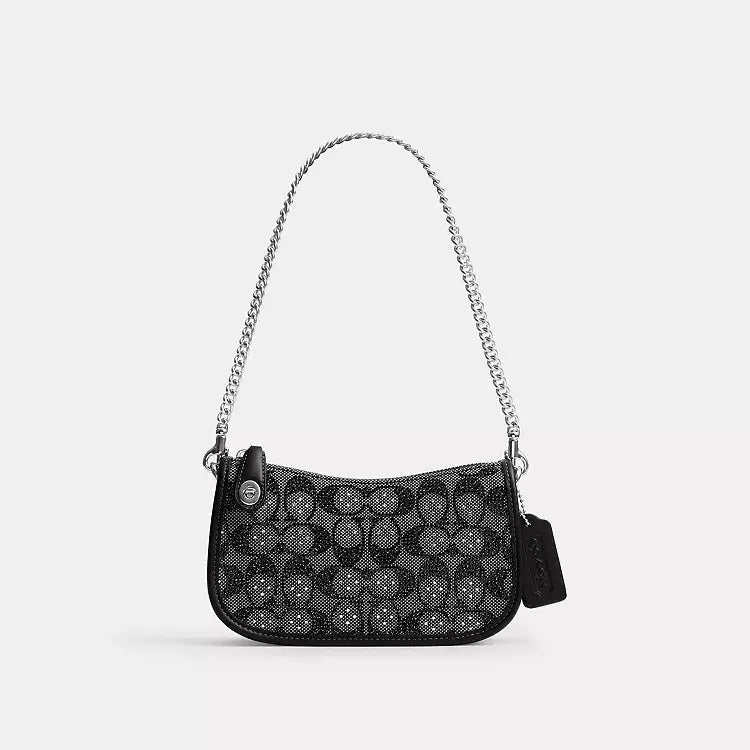 Coach Swinger 20 shoulder bag with chain in black crystal signature jacquard, compact designer handbag by The Tiny Bag