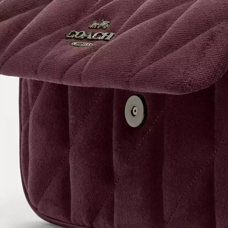 Coach Hailey Flap Bag shoulder bag in burgundy velvet with organic cotton quilting, by The Tiny Bag.