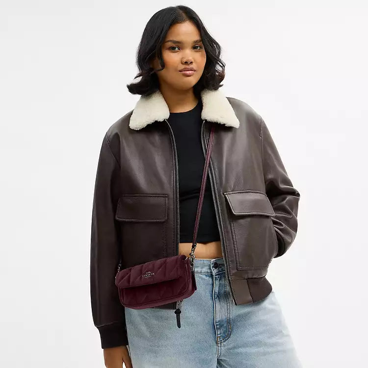 COACH CCE13 Hailey Flap Bag Velvet Organic Cotton With Quilting Burgundy