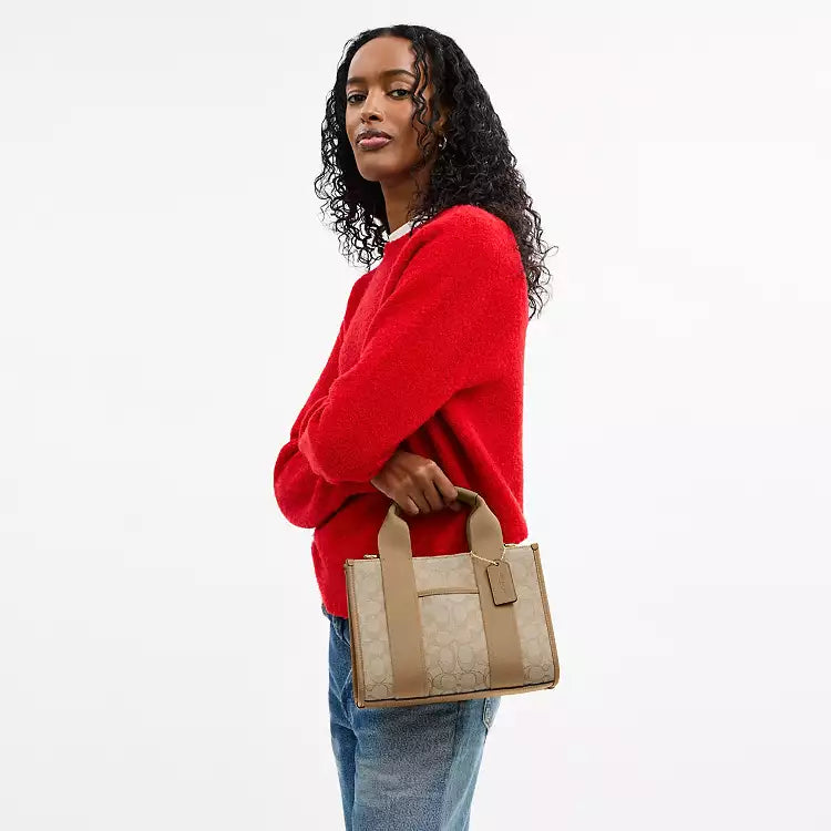 Light khaki Coach Signature Jacquard Smith Tote bag by The Tiny Bag, showcasing the classic tote with signature pattern and structured design.