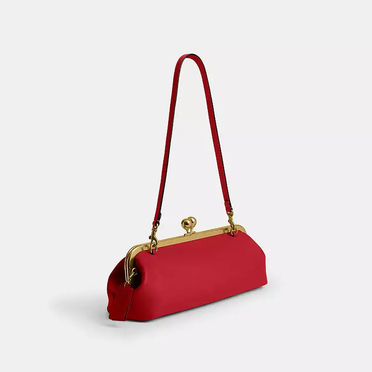 COACH Kisslock East/West Small Leather Frame Bag 30 Brass/Poppy Red CFL83