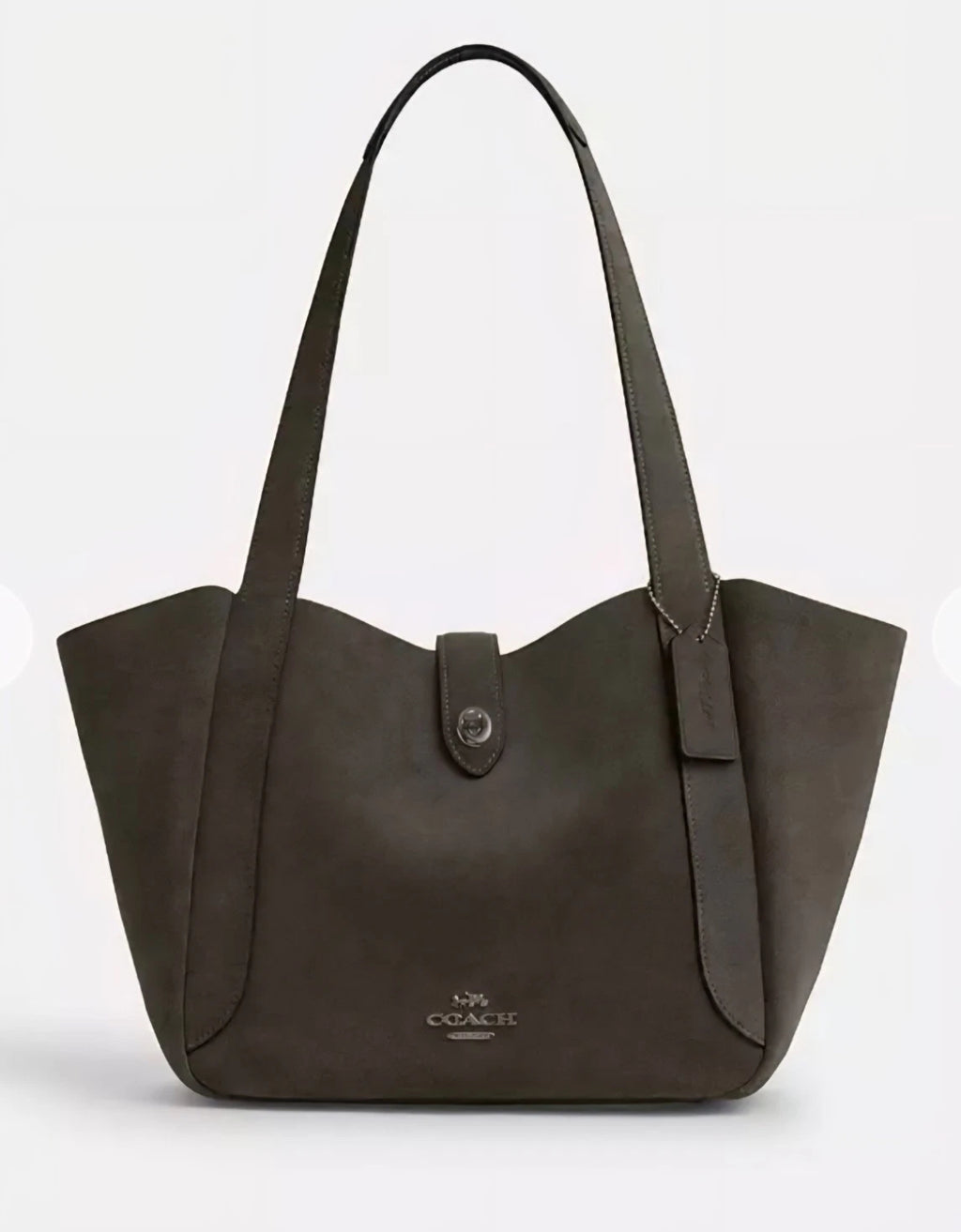 Coach Hadley tote bag in army green suede leather with turnlock closure, featuring the CCC76 logo and hand-stitched detailing.