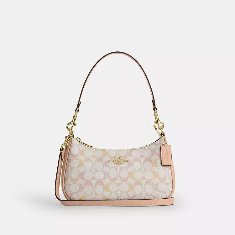 Coach Teri Shoulder Bag in Pretty Signature Canvas with gold, chalk, and pink accents, featuring a stylish design and gold hardware.