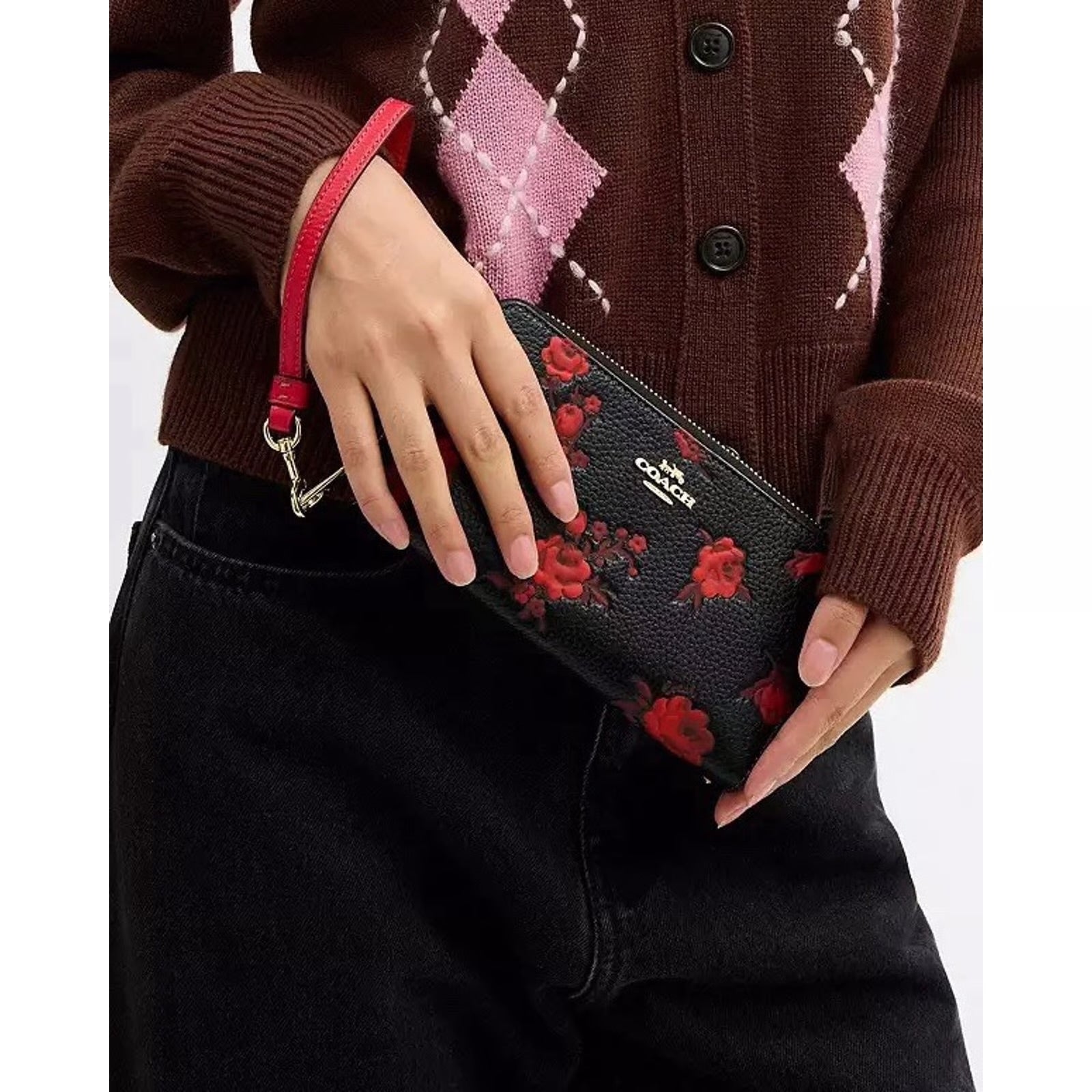 Coach CCL36 Long Zip Around Wallet w Floral Print Pebble Leather Black/Red - The Tiny Bag