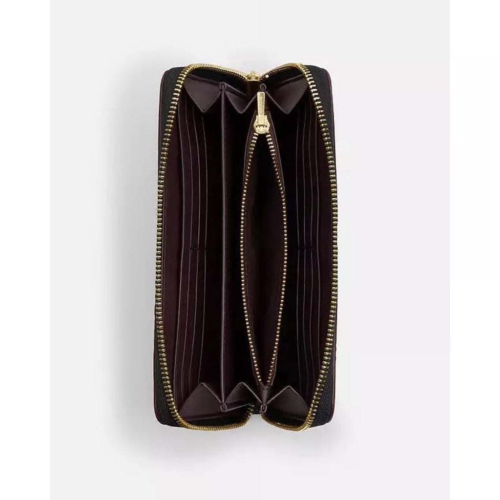 Coach CCL36 long zip around wallet with floral print pebble leather in black and red, featuring a sleek, functional design.