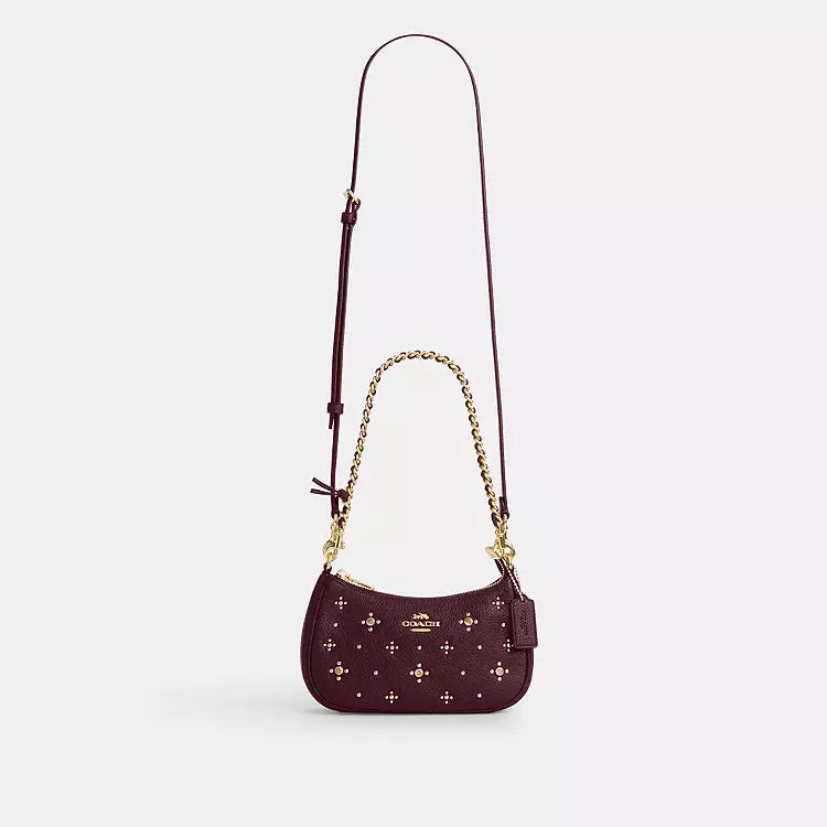 Coach CCE43 Teri Mini Crossbody Bag with crystals in dark wine leather, stylish shoulder bag by The Tiny Bag.
