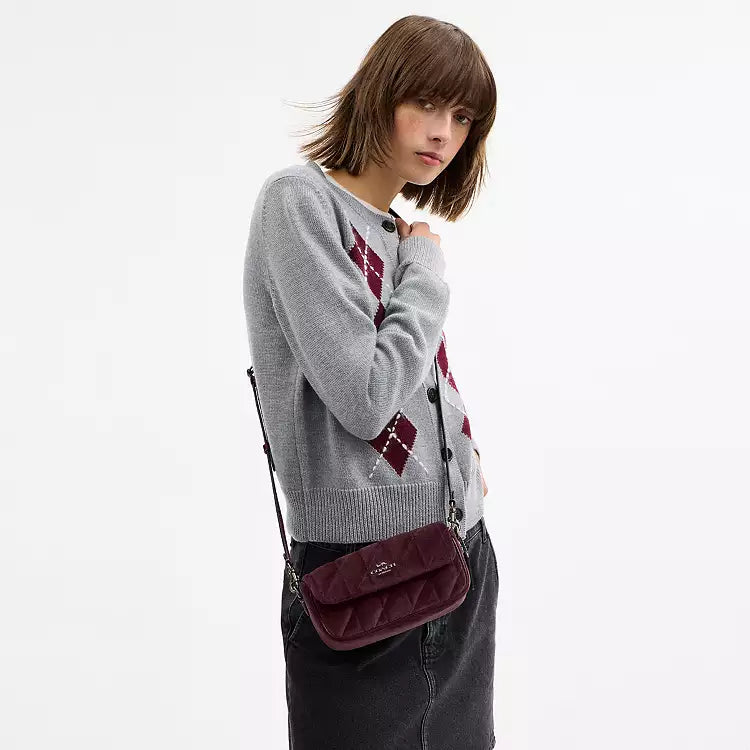 Coach Hailey Flap Bag in burgundy velvet with quilting, organic cotton shoulder bag from The Tiny Bag.