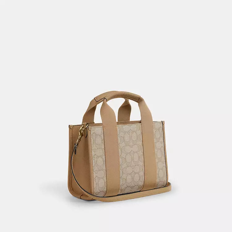 Light khaki Coach Signature Jacquard Smith Tote bag by The Tiny Bag, featuring a spacious design and signature fabric pattern.