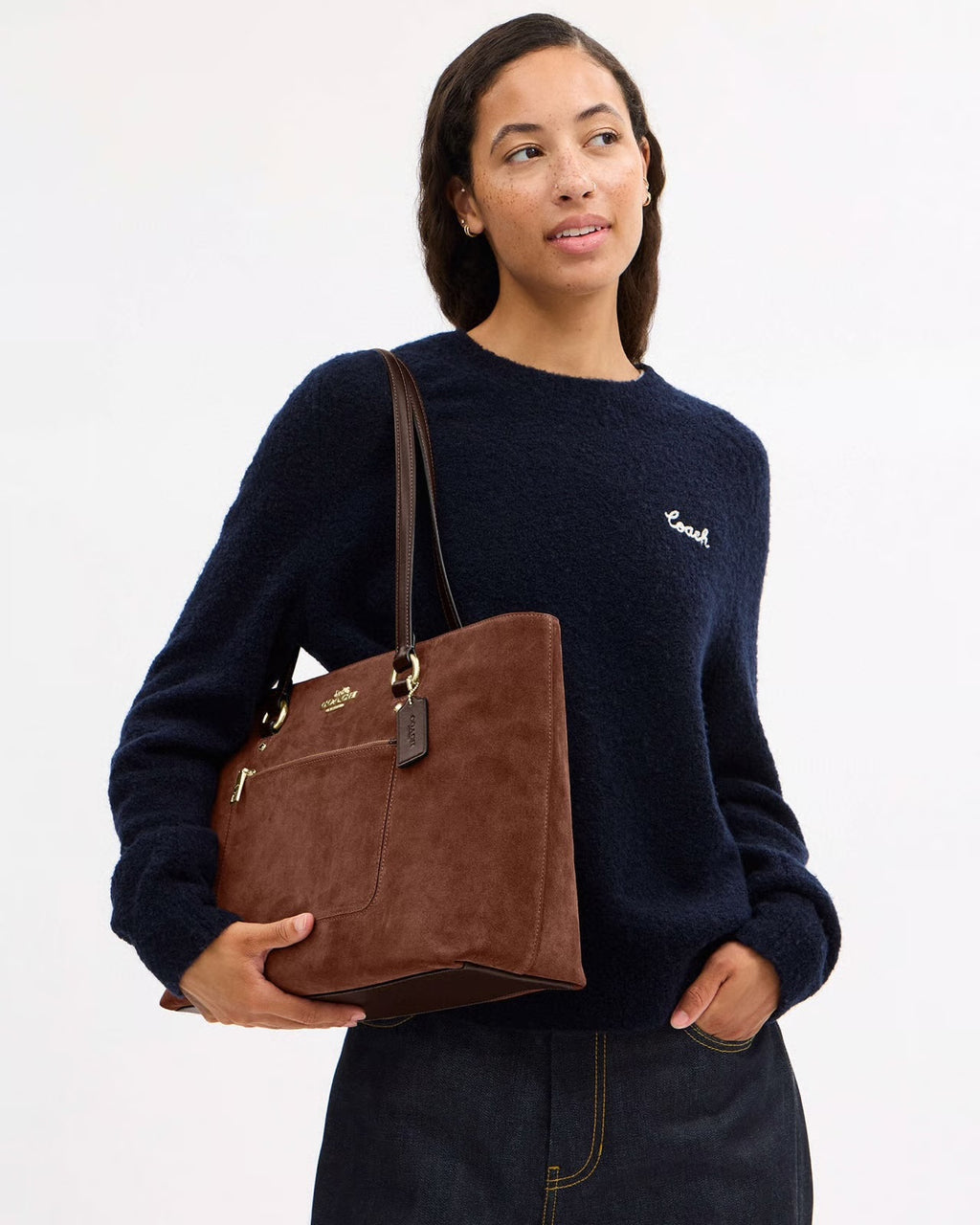 The Tiny Bag Coach Station tote bag in vintage brown suede and smooth leather with CCC logo detail.