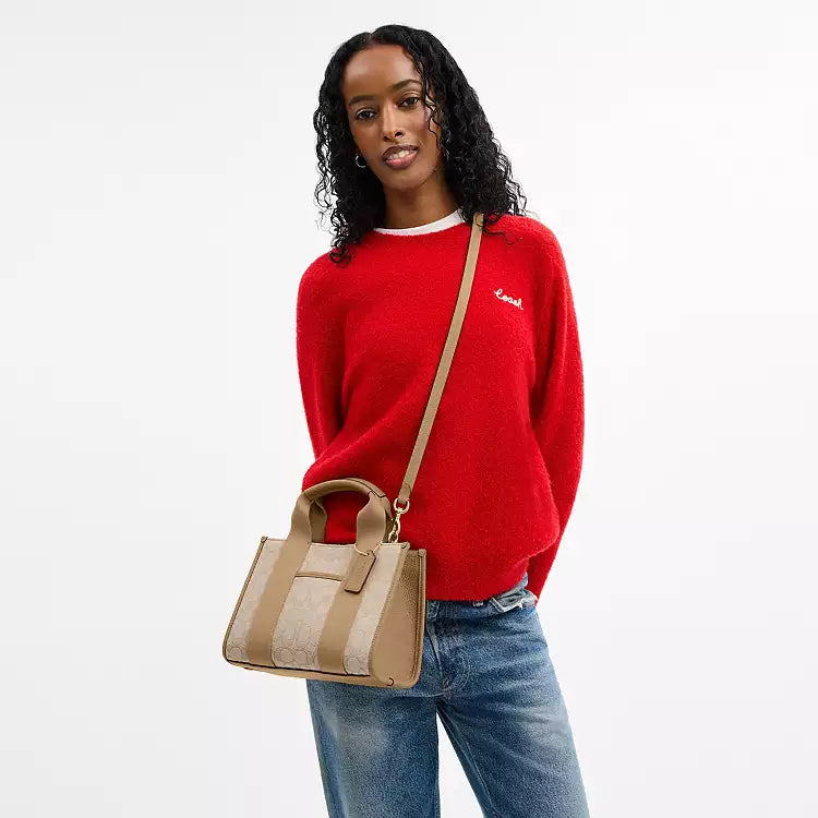 Coach Signature Jacquard Smith Tote bag in light khaki with dark leather handles and signature pattern design.