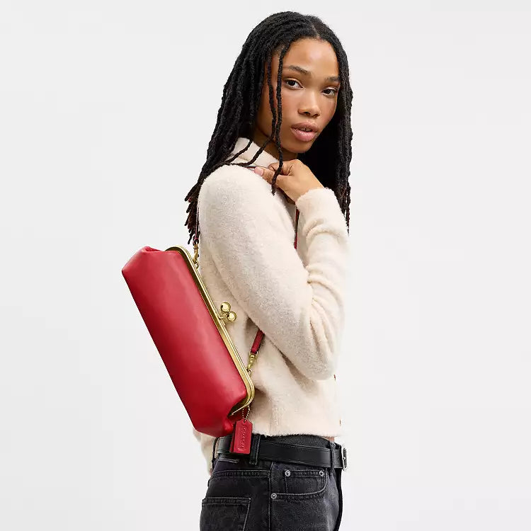COACH Kisslock East/West Small Leather Frame Bag 30 Brass/Poppy Red CFL83