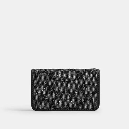 Coach Essential Slim Card Case in black Crystal Signature Jacquard wallet with multiple card slots and compact design.