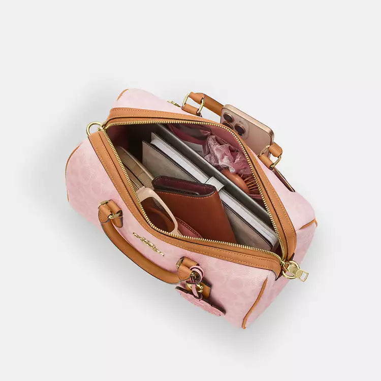 Coach Rowan large satchel bag in signature canvas with charms, powder pink color, stylish shoulder bag by The Tiny Bag.