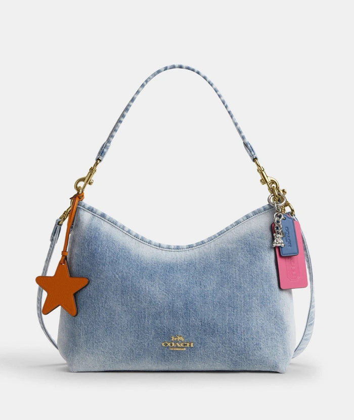 Coach CEF26 Laurel Shoulder Bag In Loved Denim With Charms Light Indigo