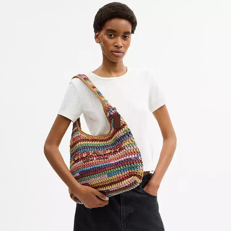 Coach Brooklyn Large Multi Straw Shoulder Bag 34 CDZ40 BRASS/MULTI