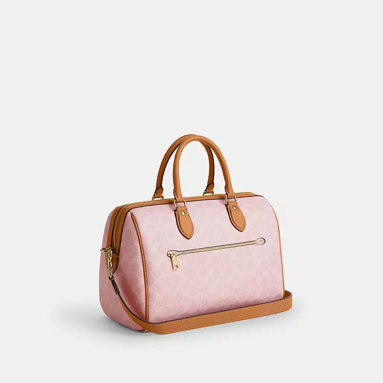 Coach Rowan large shoulder satchel bag in signature canvas with charms, in powder pink, by The Tiny Bag.