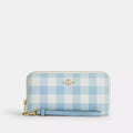 Coach Long Zip Around Wallet With Gingham Print CFA13 Gold/Blue Multi