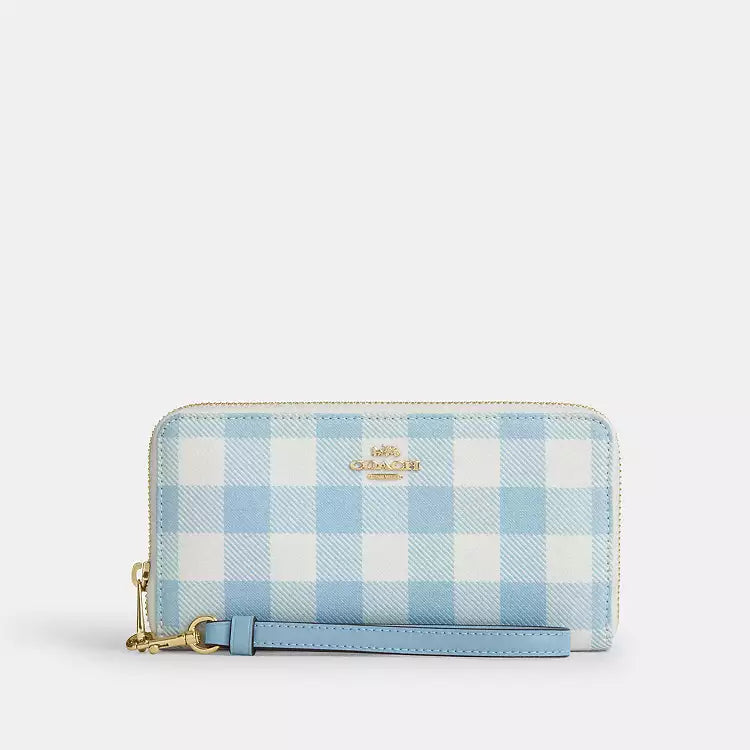 Coach Long Zip Around Wallet With Gingham Print CFA13 Gold/Blue Multi