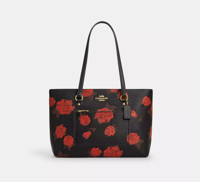 Coach Station Tote Bag With Floral Print CCE23 Black Red