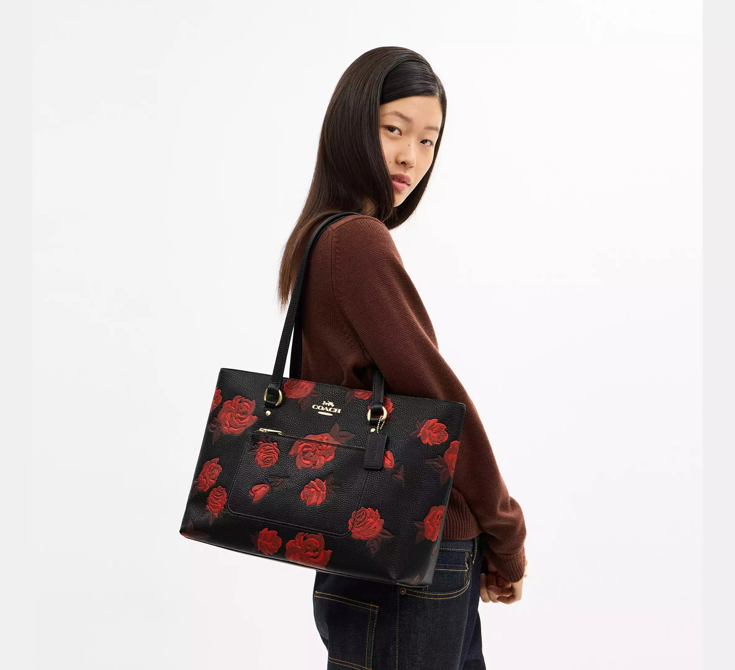 Coach Station Tote Bag With Floral Print CCE23 Black Red - The Tiny Bag