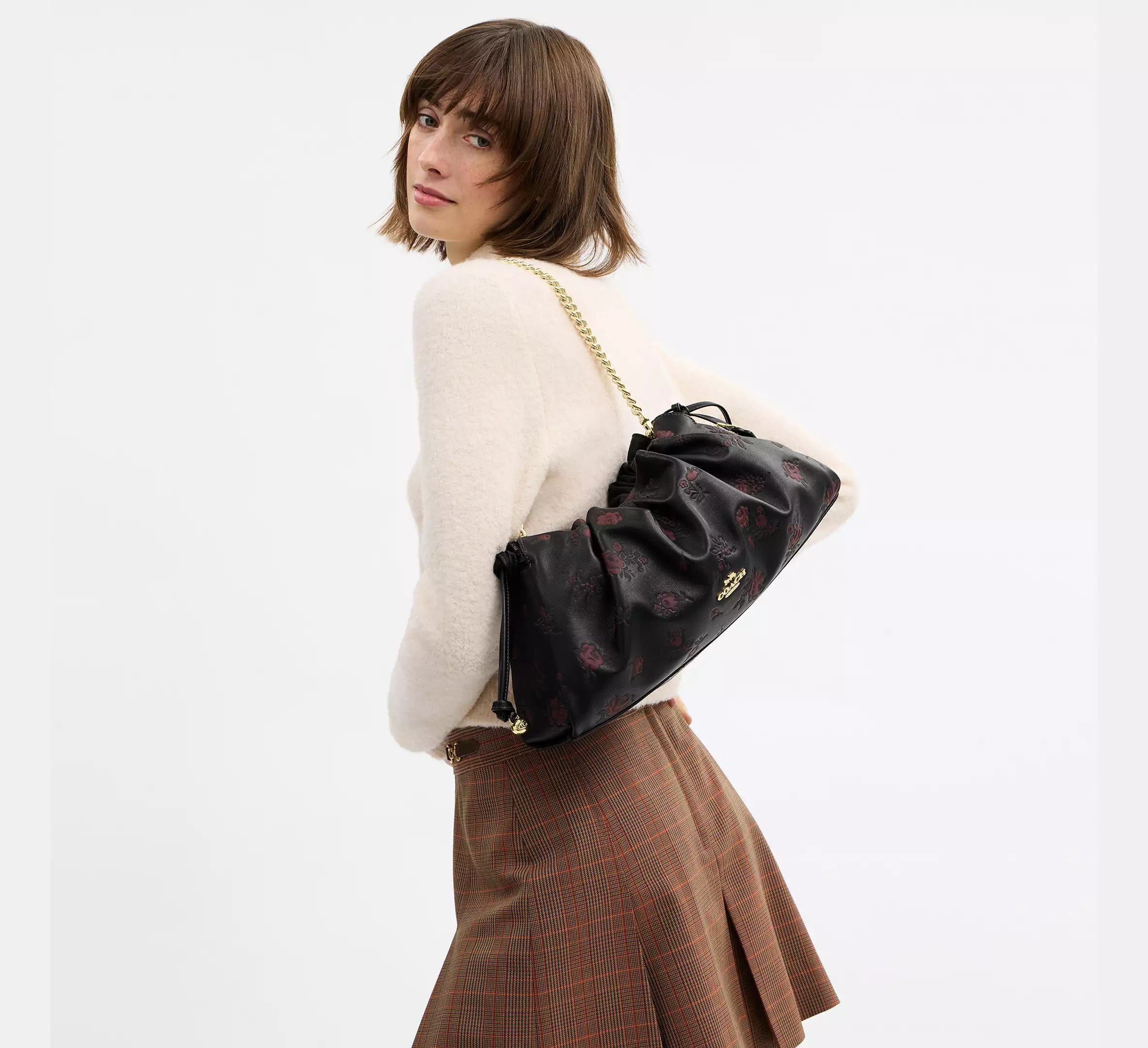 Coach Faye Large Shoulder Bag With Floral Print In Leather CCE25 Black/Wine - The Tiny Bag