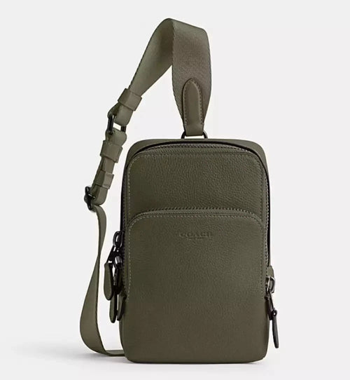 Coach Gotham Sling Pack 13 Army Green leather crossbody bag with small shoulder strap, stylish and compact for everyday use.