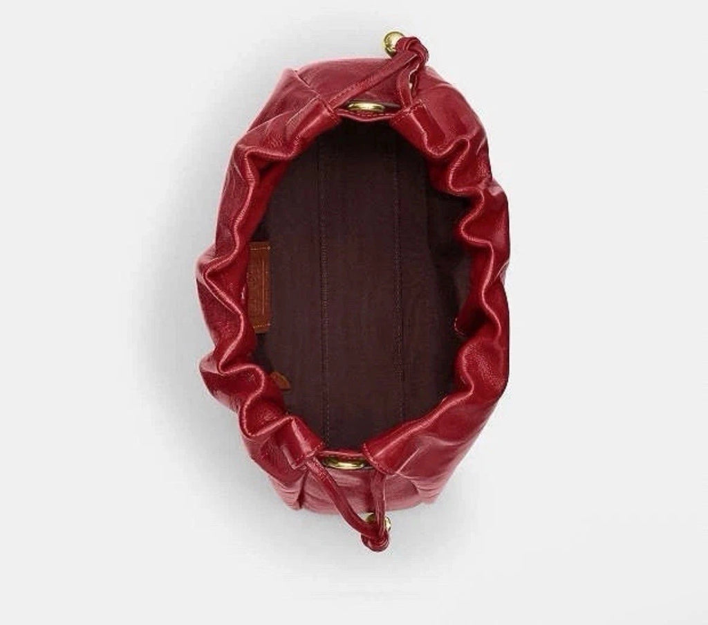 Coach Faye crossbody bag in glazed dark cardinal leather with gold accents, featuring a compact design and adjustable strap.